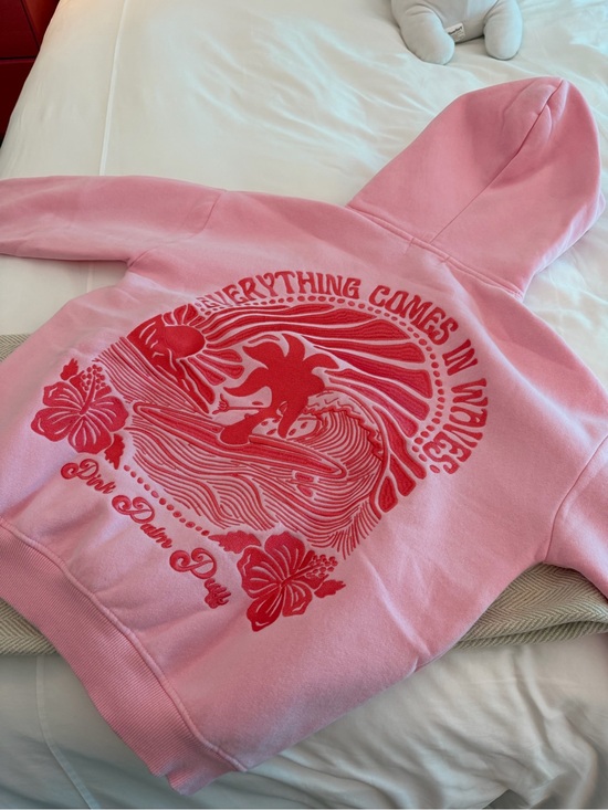 Pink Palm Puff Sweaters - Pink Graphic Hooded Coverup Sweater with Red Surf Motif